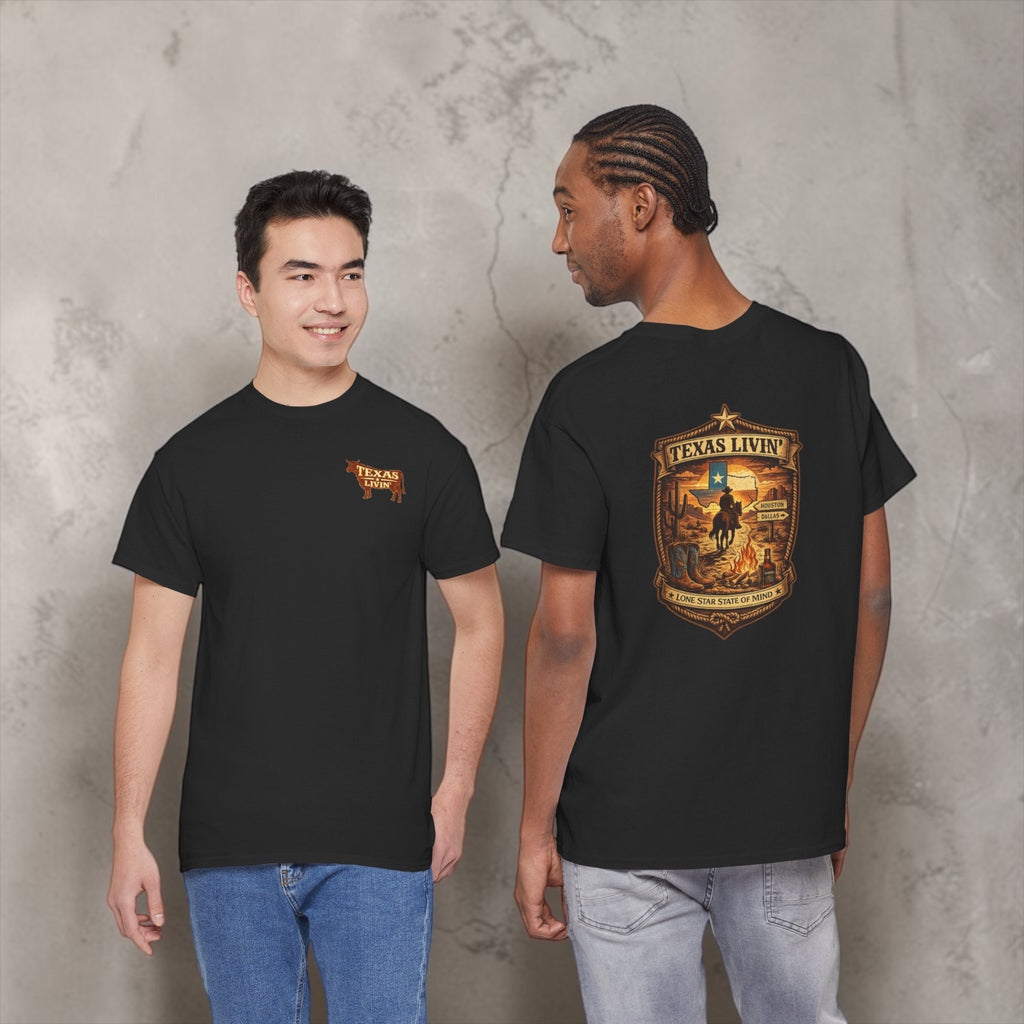 Two men wearing black T-shirts with Texas Livin' logo, standing against a concrete wall