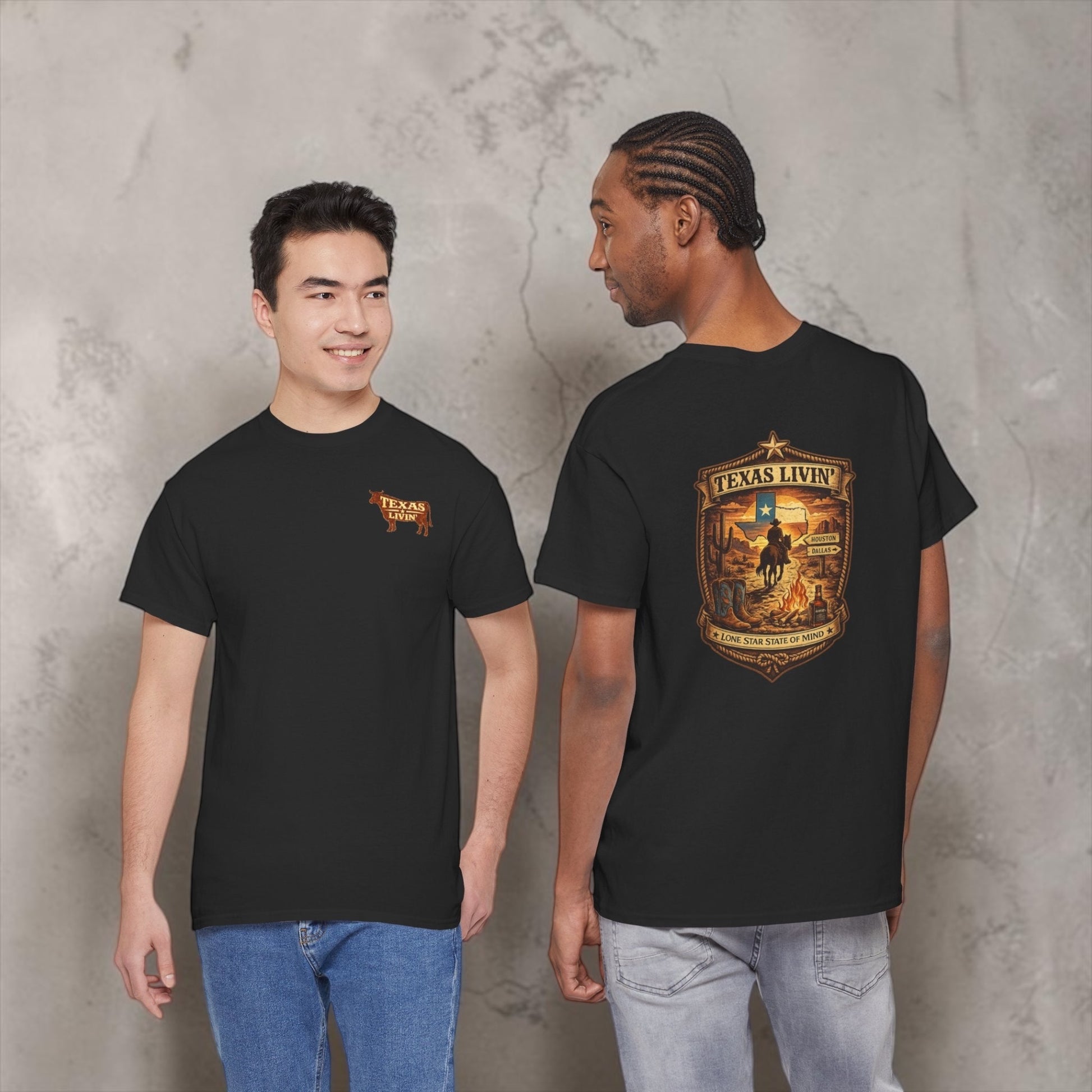 Two men wearing black T-shirts with Texas Livin' logo, standing against a concrete wall