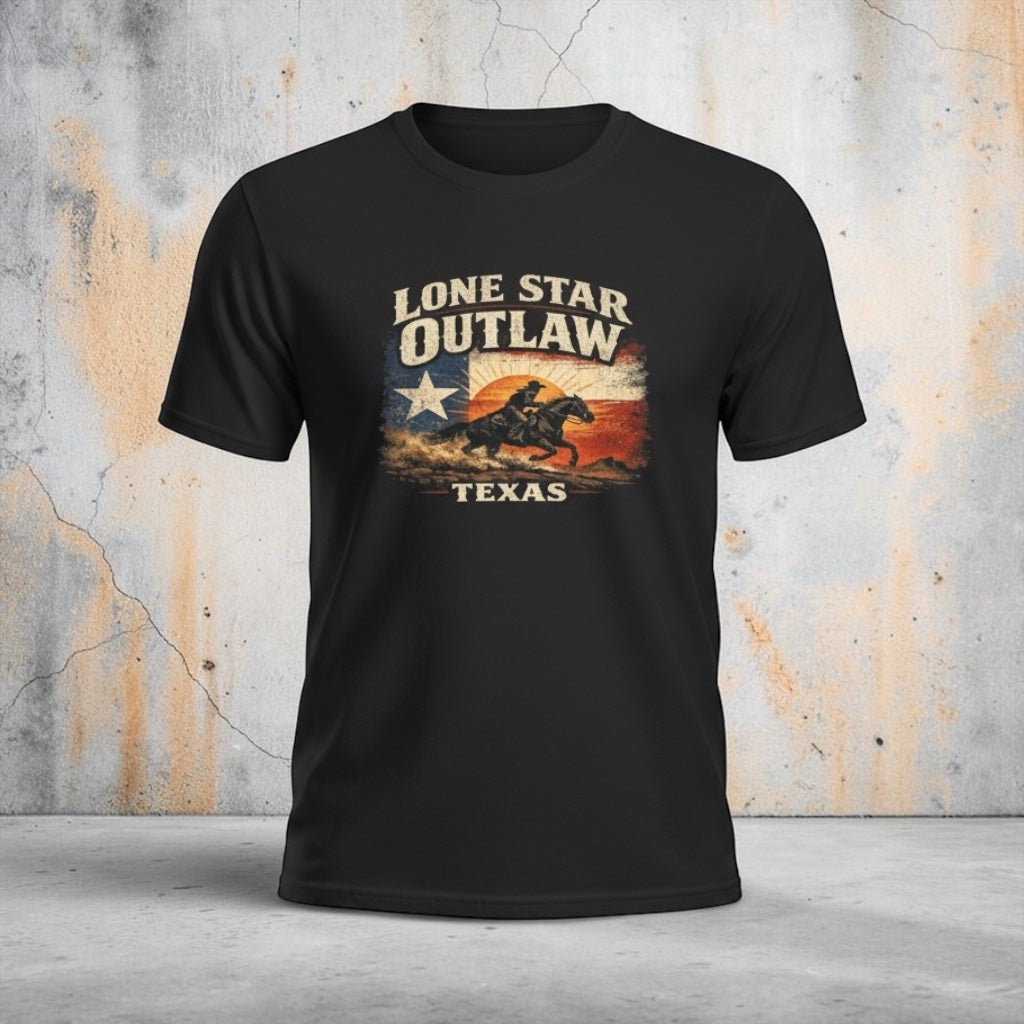 Black Lone Star Outlaw Texas T-Shirt with vintage eagle and flag graphic