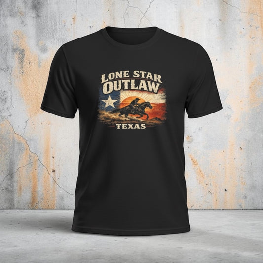 Black Lone Star Outlaw Texas T-Shirt with vintage eagle and flag graphic