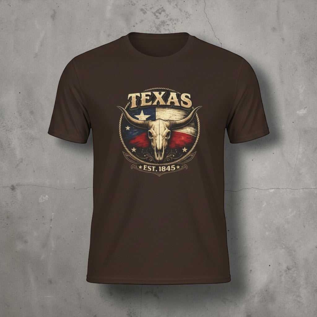 Vintage Texas Longhorn Skull T-Shirt by Big Sky Ranch Co. featuring a Lone Star flag graphic and established date 1845.