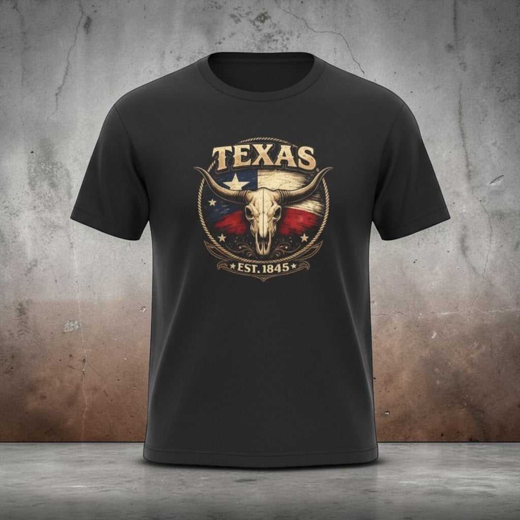 Vintage Texas Longhorn skull T-shirt by Big Sky Ranch Co. with Lone Star flag graphic, featuring Est. 1845 design.