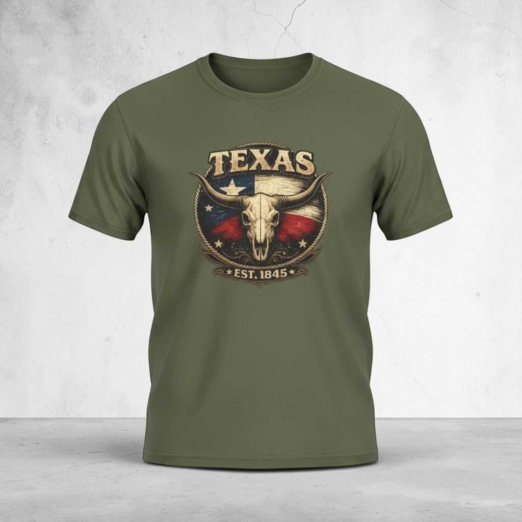 Vintage Texas Longhorn skull T-shirt by Big Sky Ranch Co. featuring a Lone Star flag graphic and Est. 1845 design.