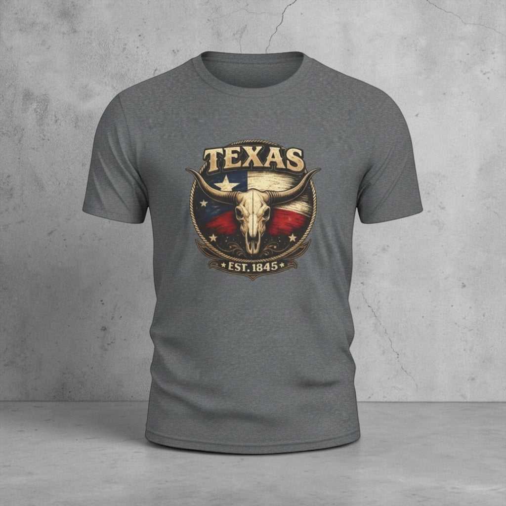 Vintage Texas Longhorn skull T-shirt by Big Sky Ranch Co. featuring Lone Star flag graphic and "Est. 1845" design.