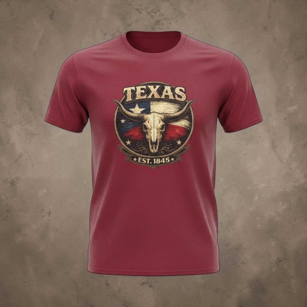Texas Longhorn Skull T-Shirt by Big Sky Ranch Co. featuring vintage Lone Star flag graphic and "Est. 1845" design.