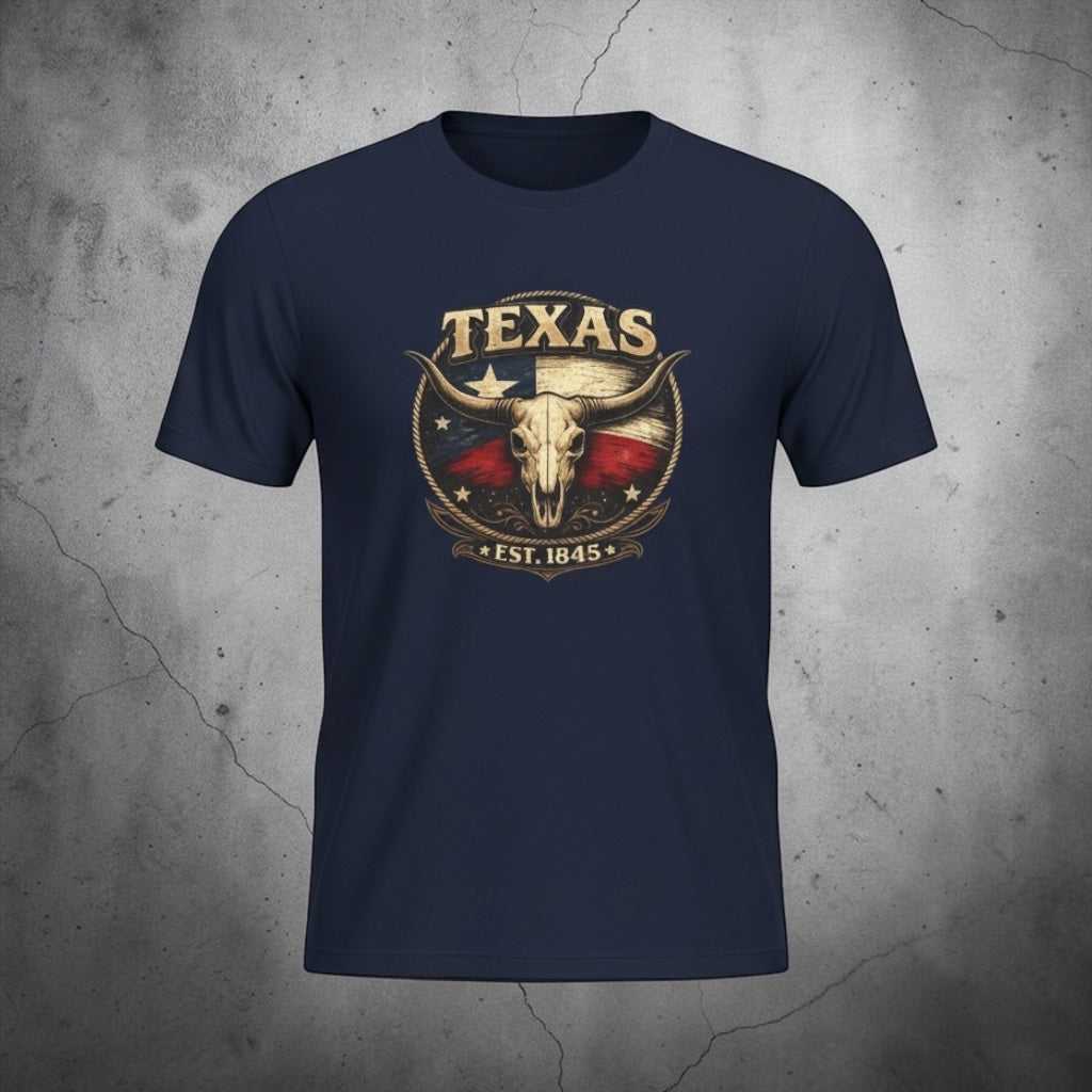 Vintage Texas Longhorn skull T-shirt by Big Sky Ranch Co. featuring Lone Star flag graphic and "Est. 1845" design.