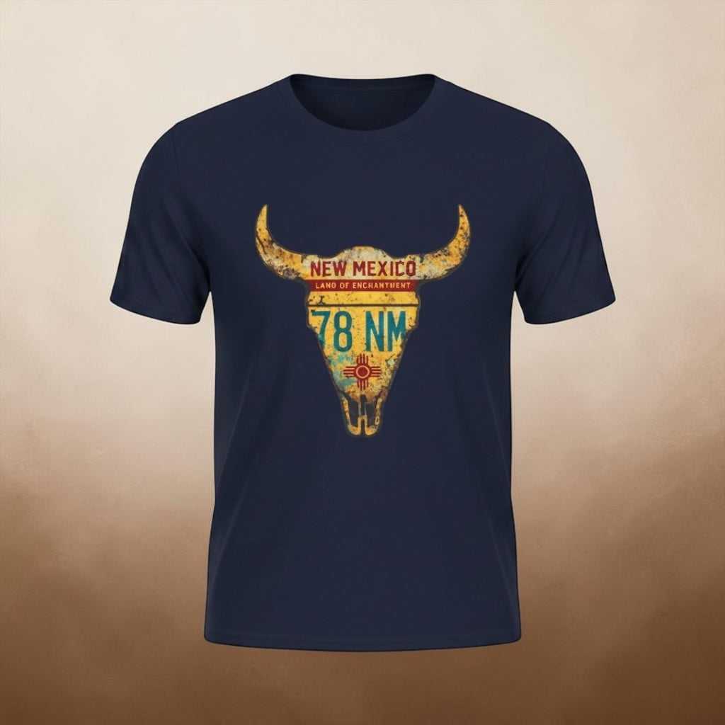Olive green T-Shirt with Southwestern steer skull and vintage New Mexico license plate graphic