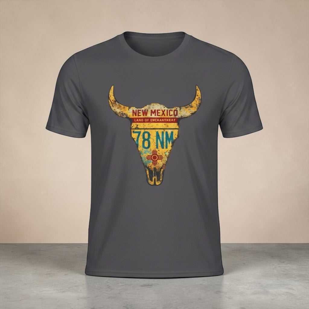 Gray T-Shirt featuring Southwestern steer skull and vintage New Mexico license plate graphic