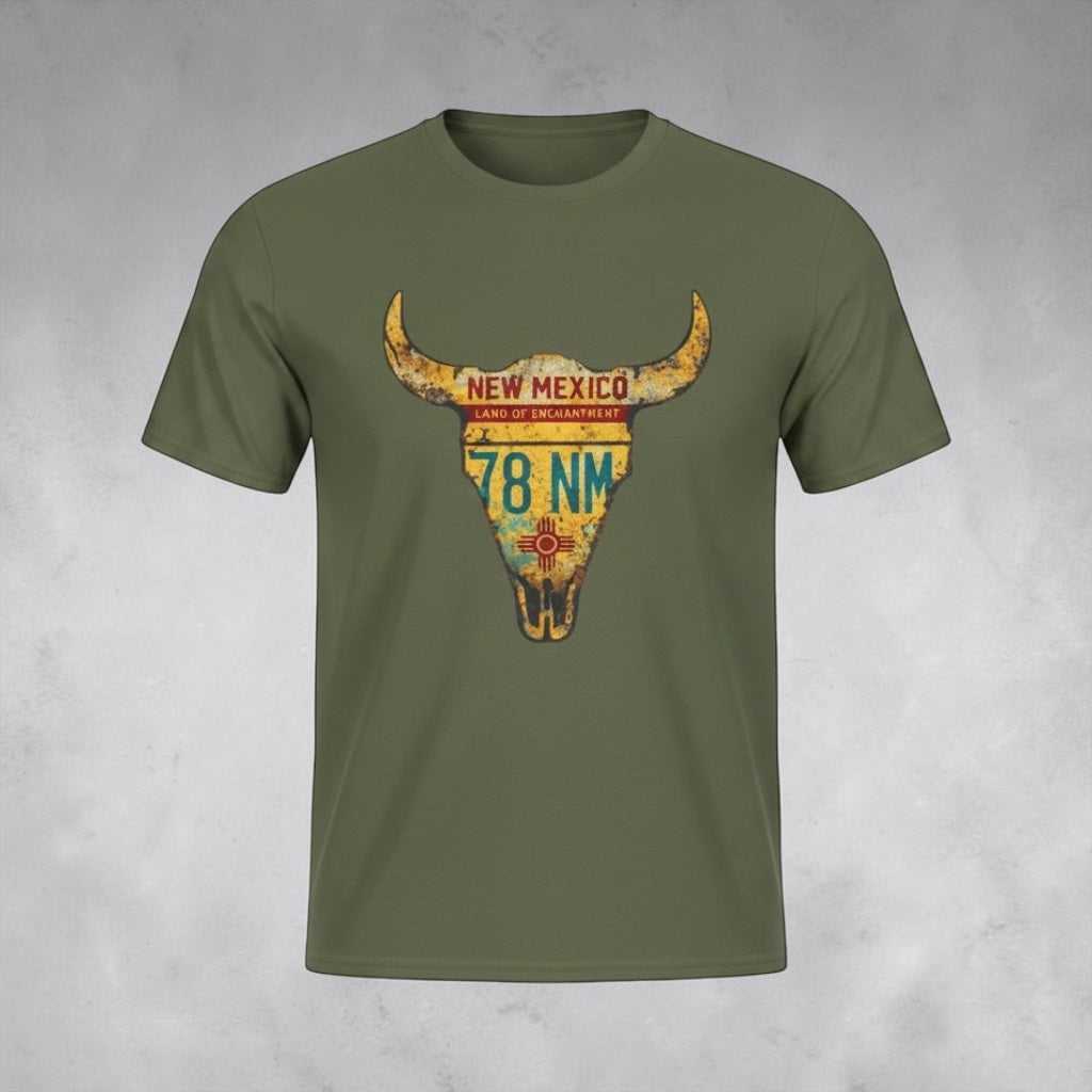 Southwestern Western graphic T-shirt featuring steer skull design from Big Sky Ranch Co., New Mexico license plate style.