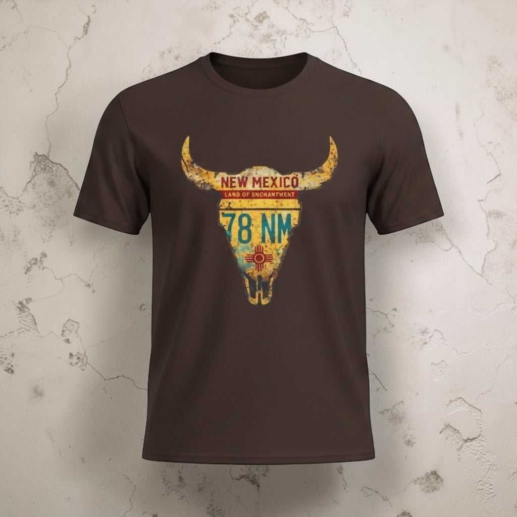 Navy T-Shirt with Southwestern steer skull and vintage New Mexico license plate graphic