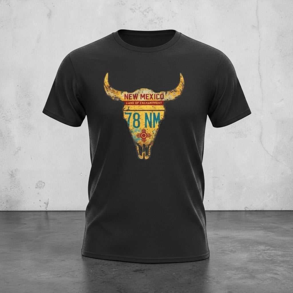 Black T-Shirt with Southwestern steer skull graphic and vintage New Mexico license plate design