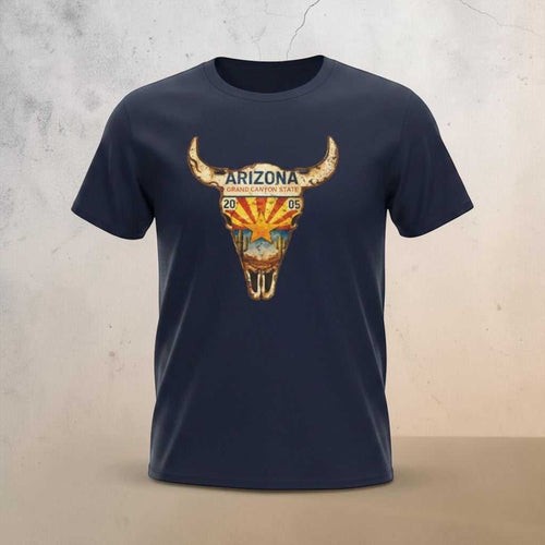 Arizona License Plate Bull Skull T‑Shirt with desert scene and sunburst