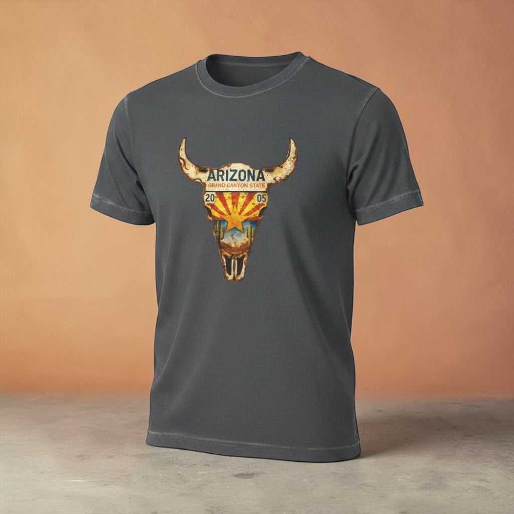 Arizona License Plate Bull Skull T‑Shirt with mountain and desert landscape