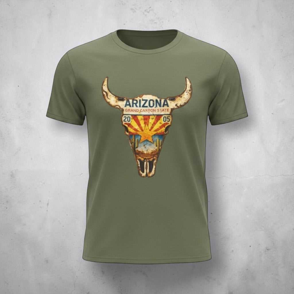 Arizona License Plate Bull Skull T-Shirt by Big Sky Ranch Co. featuring a graphic of a bull skull and vintage license plate design.