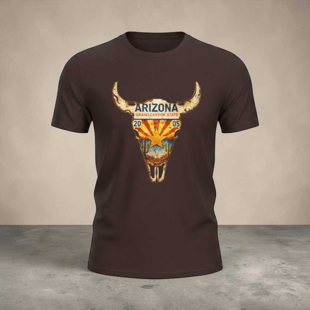 Arizona License Plate Bull Skull T‑Shirt with southwestern scenery