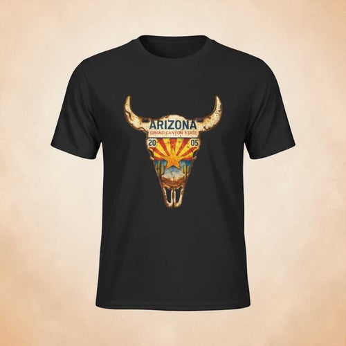 Arizona License Plate Bull Skull T‑Shirt with desert and sunburst design