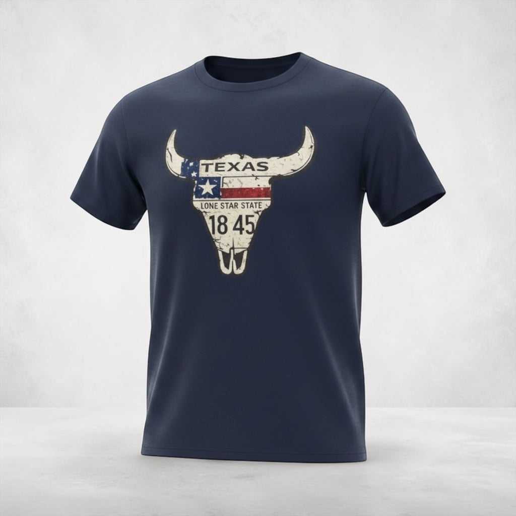 Olive green T-shirt with distressed Texas Longhorn skull and Lone Star flag graphic