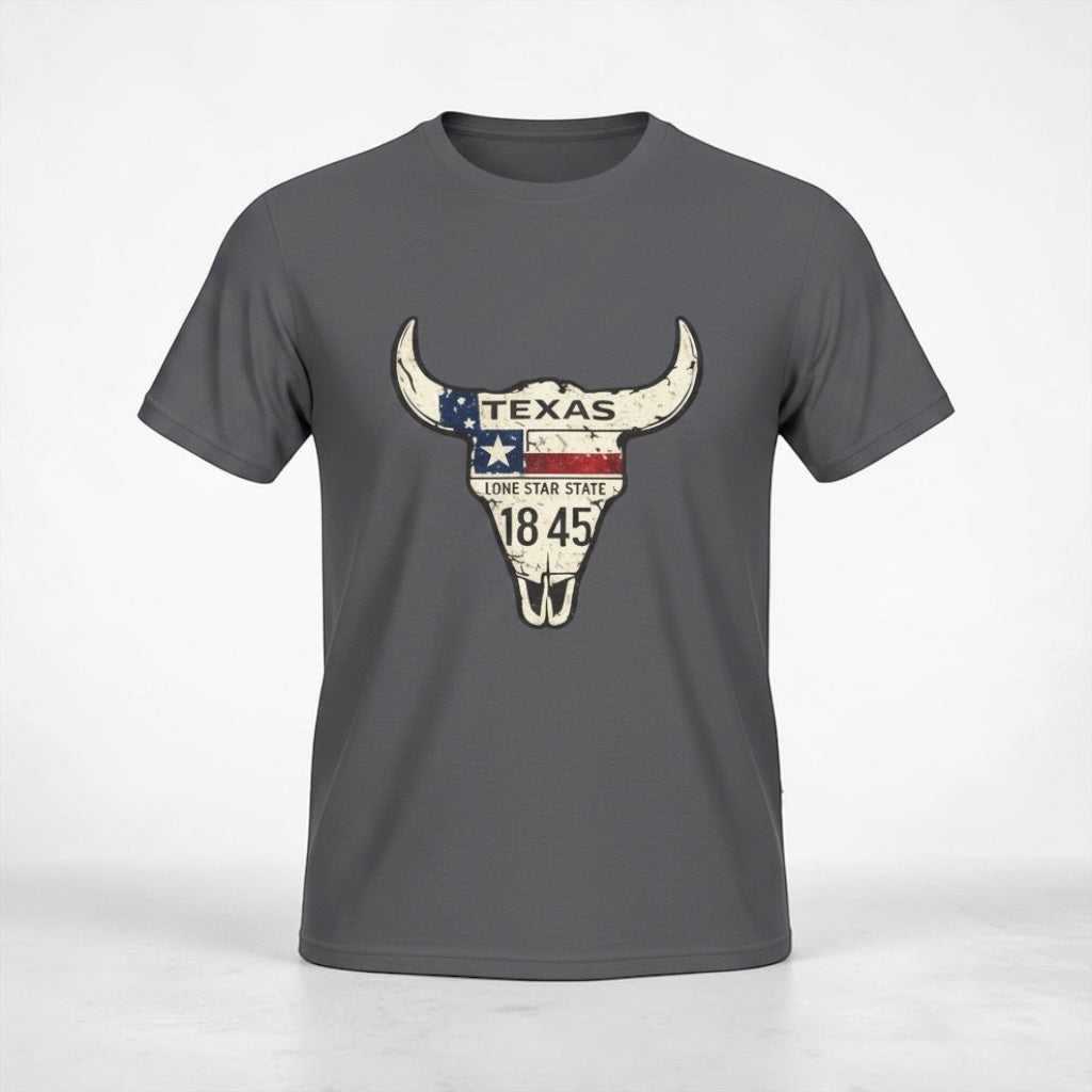 Gray T-shirt featuring distressed Texas Longhorn skull with Lone Star and 1845 details