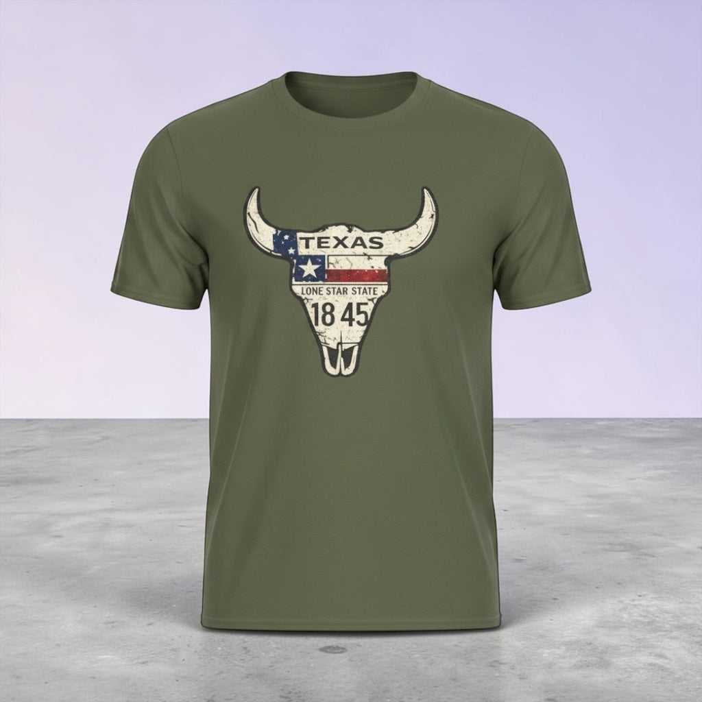 Vintage Texas Longhorn skull graphic T-shirt by Big Sky Ranch Co., featuring a Lone Star 1845 design on a casual cotton tee.