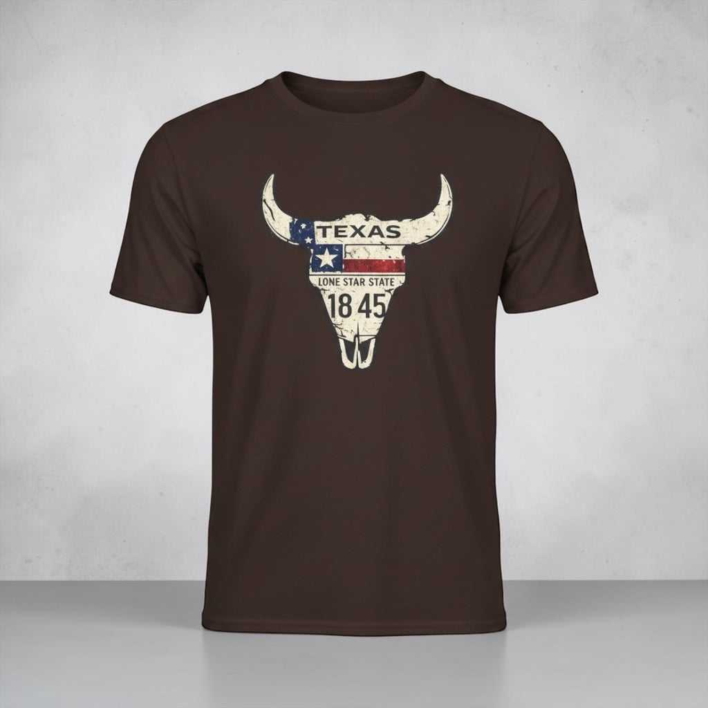 Navy T-shirt with vintage Texas Longhorn skull graphic and patriotic design