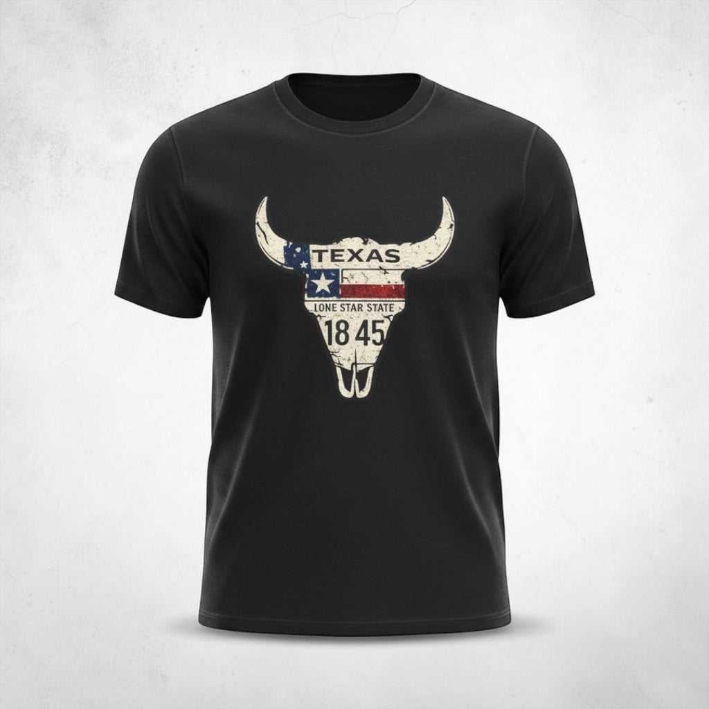 Black T-shirt with vintage Texas Longhorn skull graphic and Lone Star flag elements
