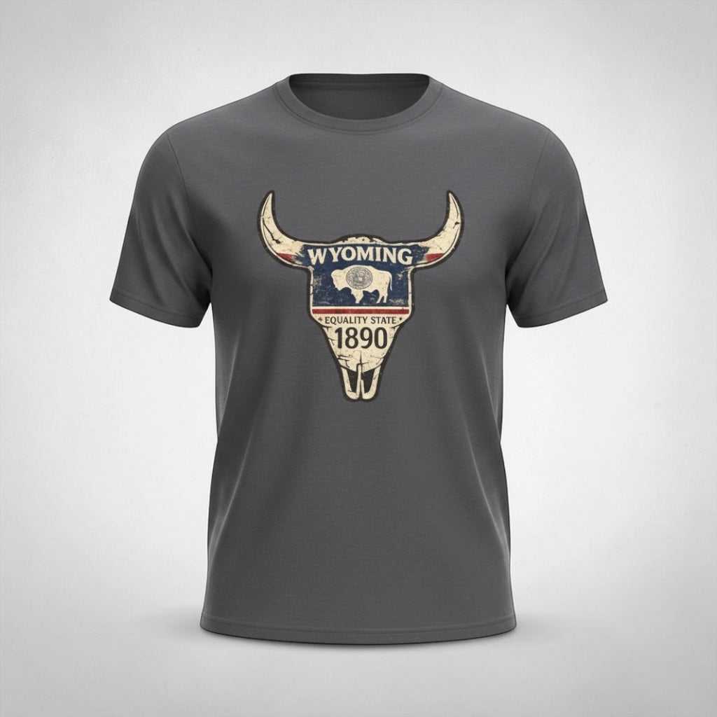 Gray Wyoming skull T-Shirt with vintage buffalo graphic