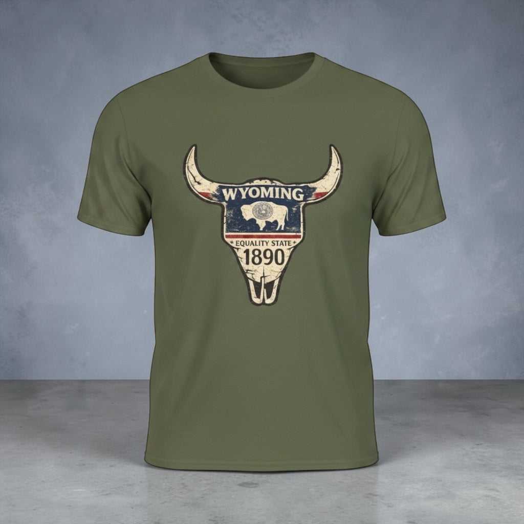 Vintage Wyoming State Skull T-Shirt by Big Sky Ranch Co. featuring an 1890 buffalo skull design on a casual tee.