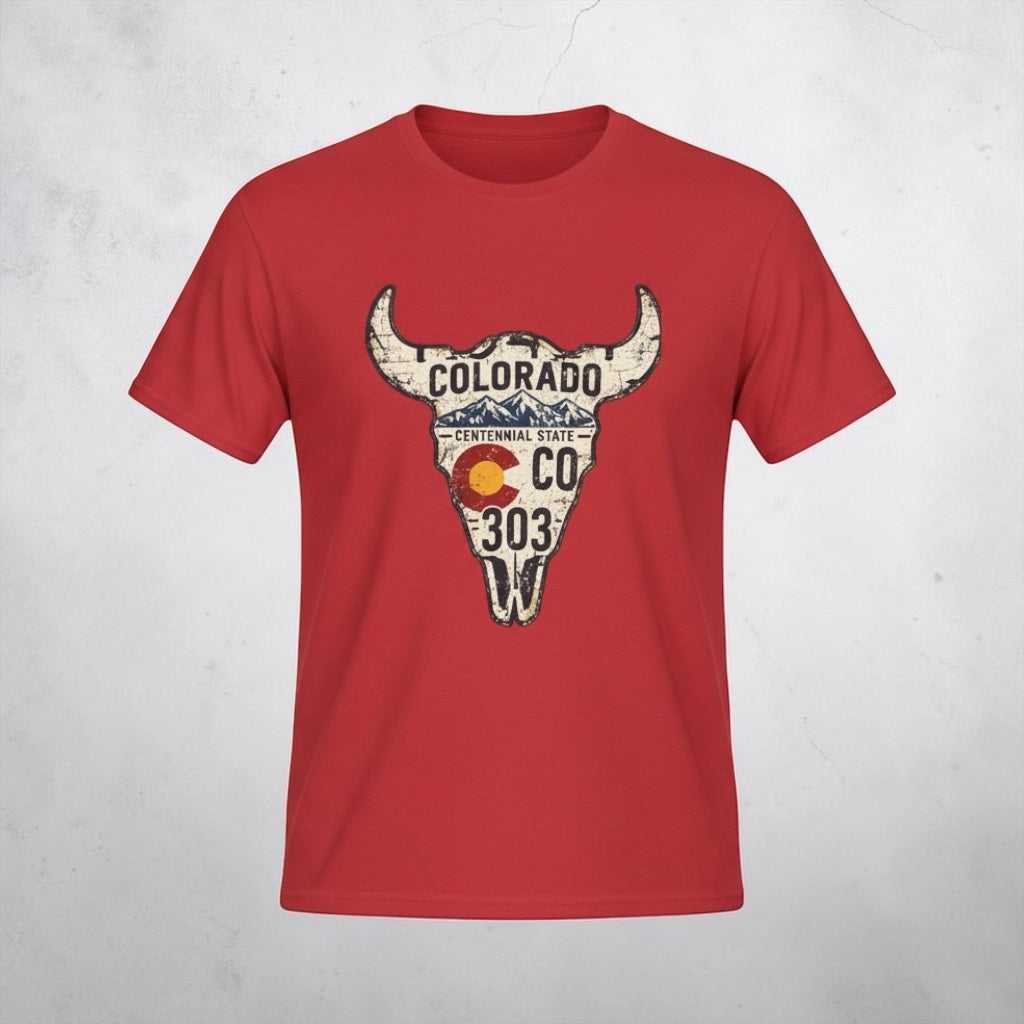 Colorado Longhorn Skull T-Shirt with vintage license plate design on green background