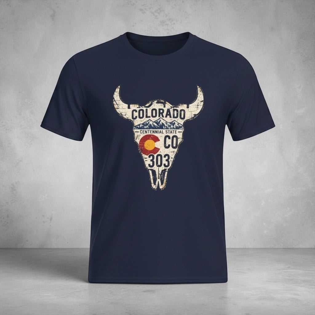 Colorado Longhorn Skull T-Shirt with vintage license plate design on red background