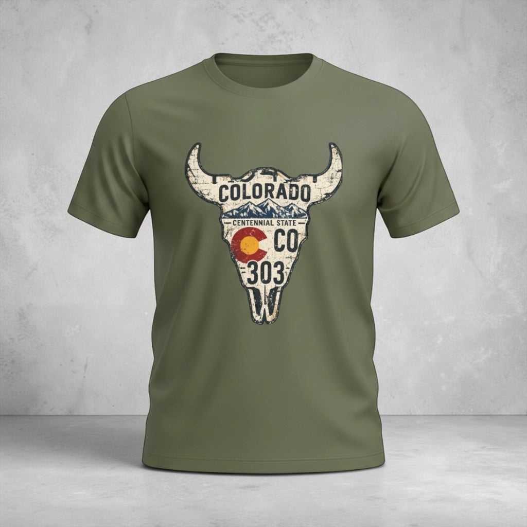 Colorado Longhorn Skull T-shirt by Big Sky Ranch Co. featuring a graphic of a longhorn skull and Colorado license plate design.