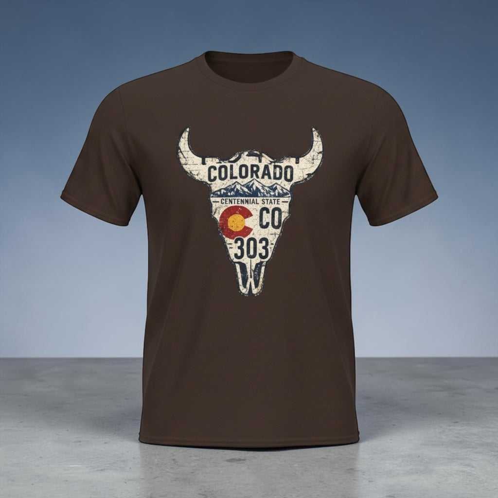 Colorado Longhorn Skull T-Shirt with vintage license plate design on brown background