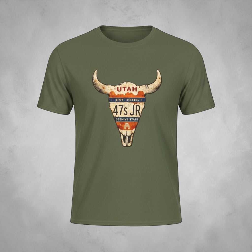 Rustic Western Skull Longhorn T-Shirt by Big Sky Ranch Co. featuring a detailed Longhorn skull design on soft cotton fabric.
