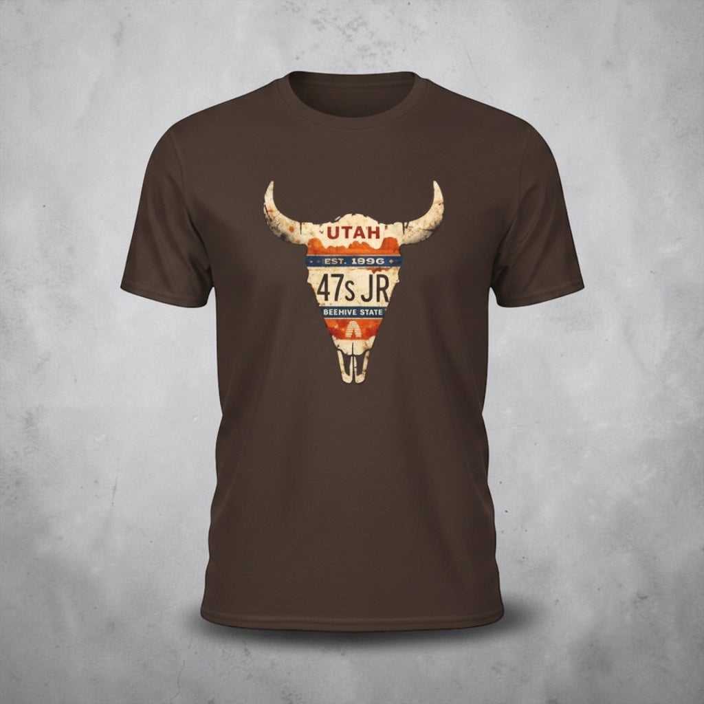 Brown Utah license plate Longhorn T-shirt with vintage western skull design