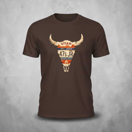 Brown Utah license plate Longhorn T-shirt with vintage western skull design