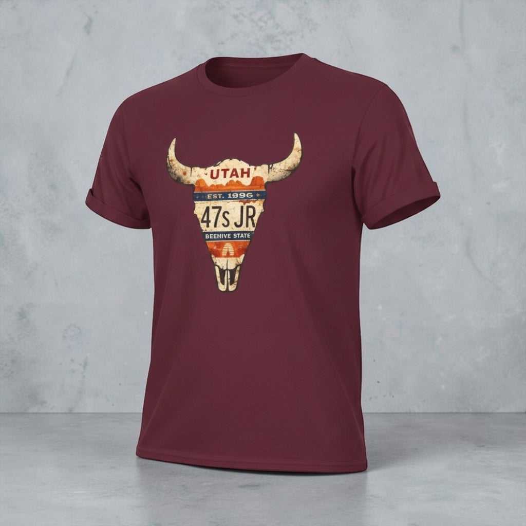 Maroon Utah license plate Longhorn T-shirt with rustic western skull graphic