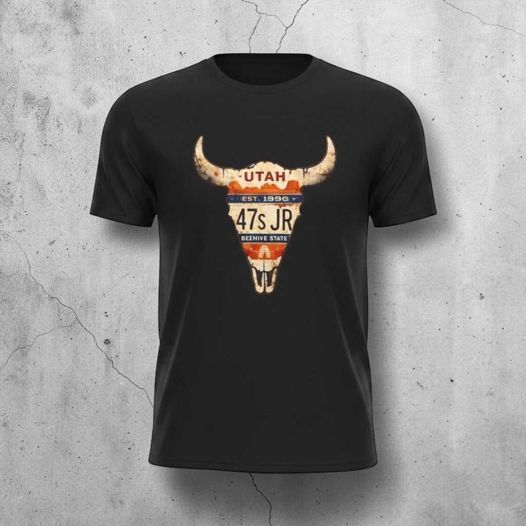 Black Utah license plate Longhorn T-shirt with rustic western skull graphic