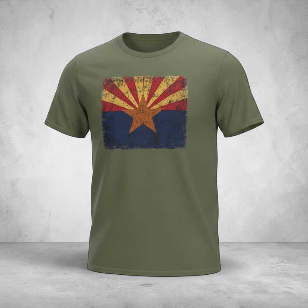 Vintage Arizona Flag T-Shirt by Big Sky Ranch Co. featuring distressed state pride design on soft fabric.