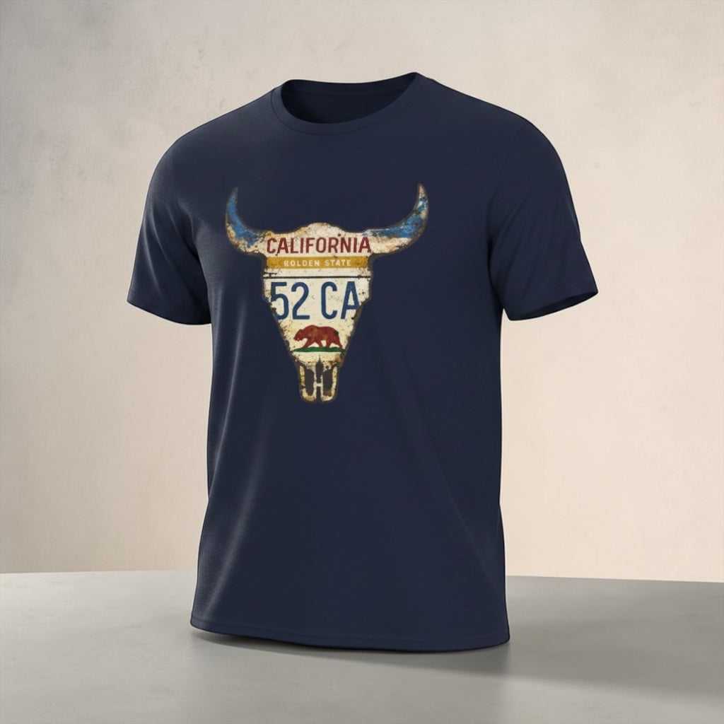 Western desert vintage T-shirt featuring a bull skull and California license plate design by Big Sky Ranch Co.