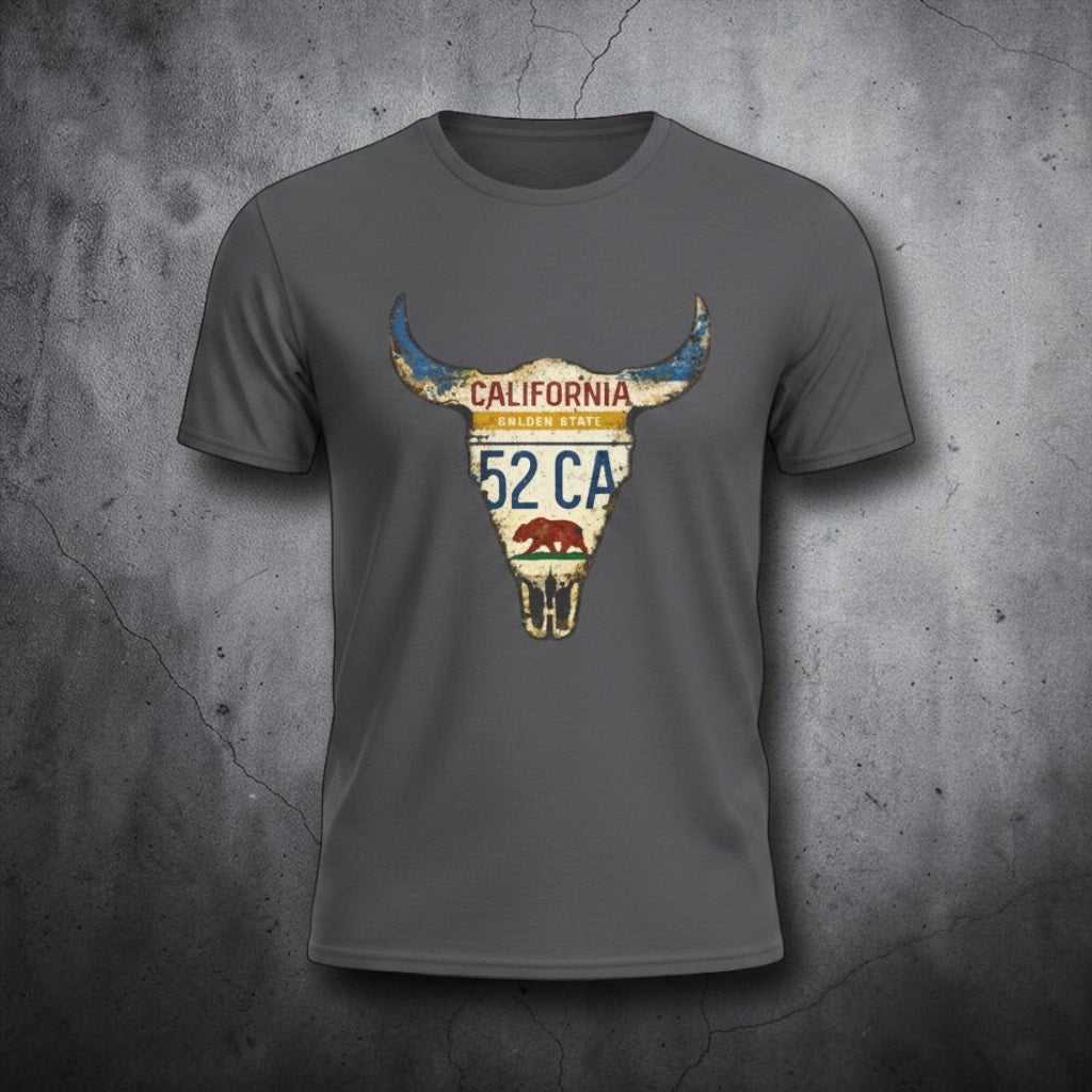 Gray T-Shirt with distressed California license plate bull skull design
