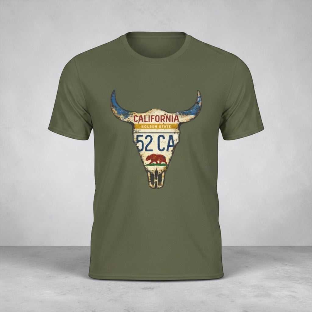 Olive green T-shirt with vintage California license plate bull skull graphic, western desert style