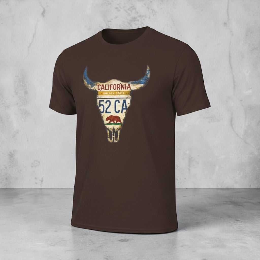 Maroon T-Shirt featuring retro California license plate bull skull graphic