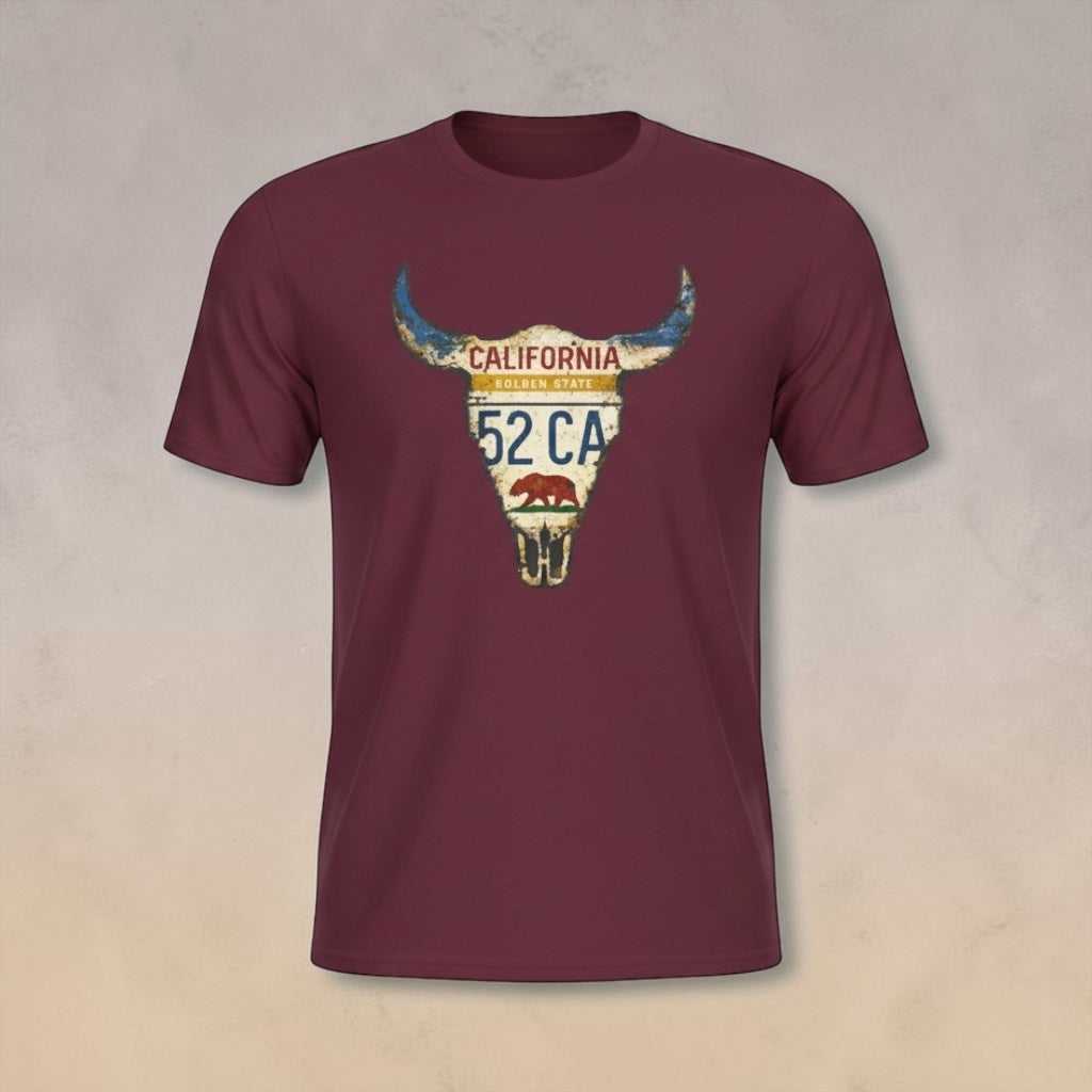 Navy T-Shirt with vintage California license plate bull skull illustration