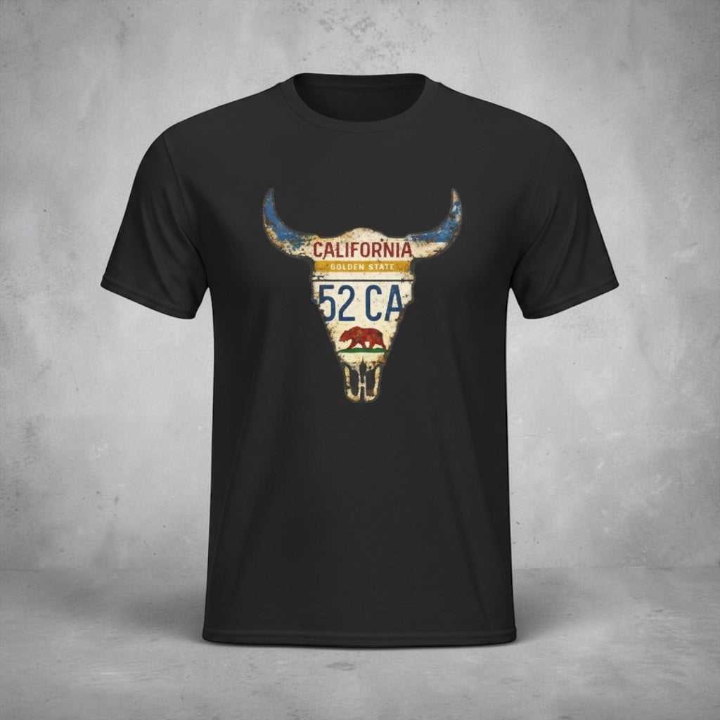 Black T-Shirt with vintage California license plate bull skull graphic