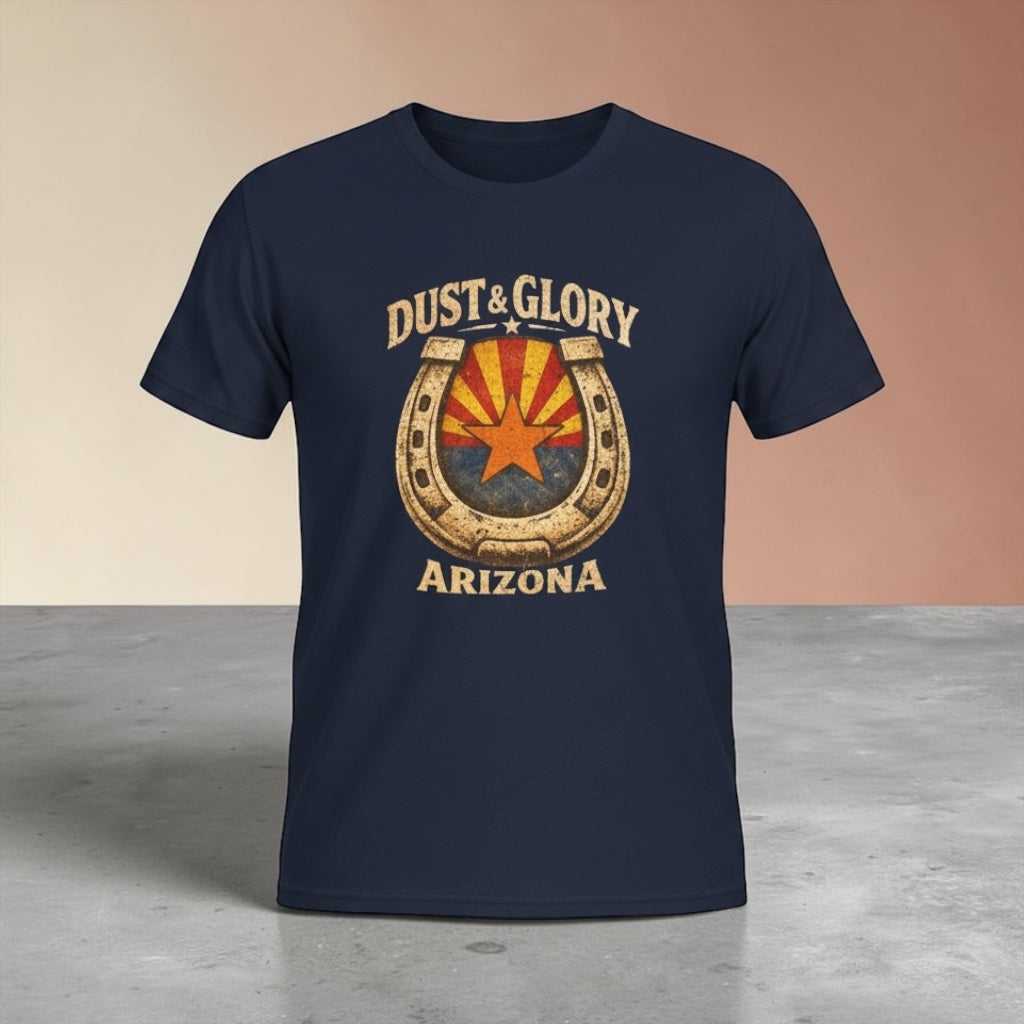 Big Sky Ranch Co. Arizona Dust & Glory T-Shirt featuring a horseshoe and campfire western design.