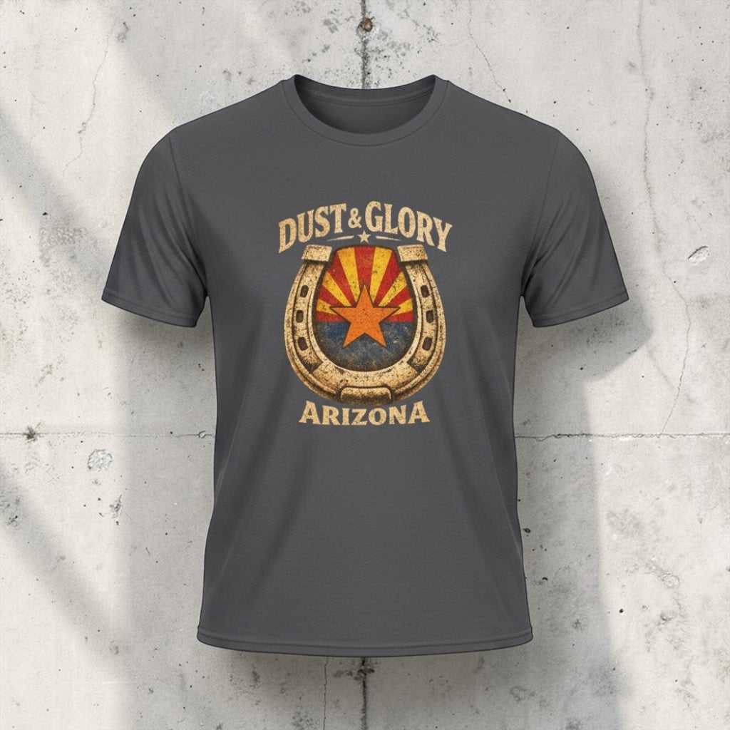 Arizona Dust & Glory Western T-Shirt by Big Sky Ranch Co. featuring a horseshoe and campfire design on soft fabric.