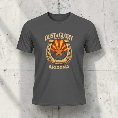 Arizona Dust & Glory Western T-Shirt by Big Sky Ranch Co. featuring a horseshoe and campfire design on soft fabric.
