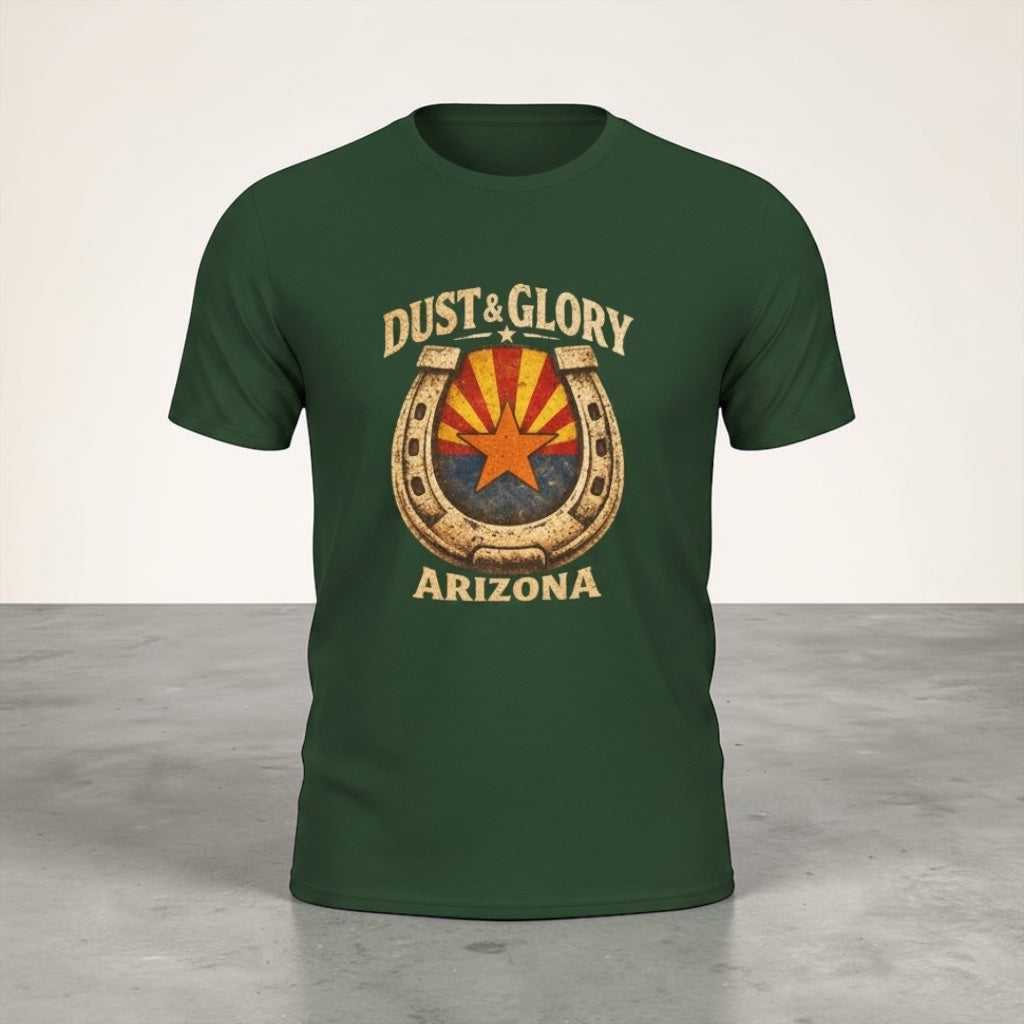 Arizona Dust & Glory Western T-Shirt by Big Sky Ranch Co. featuring horseshoe and campfire design on a casual tee.