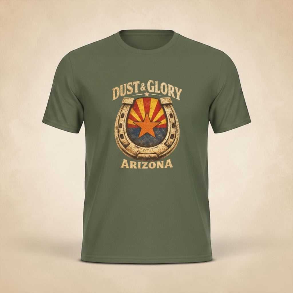 Big Sky Ranch Co. Arizona Dust & Glory T-Shirt featuring horseshoe and campfire Western design on a casual cotton tee