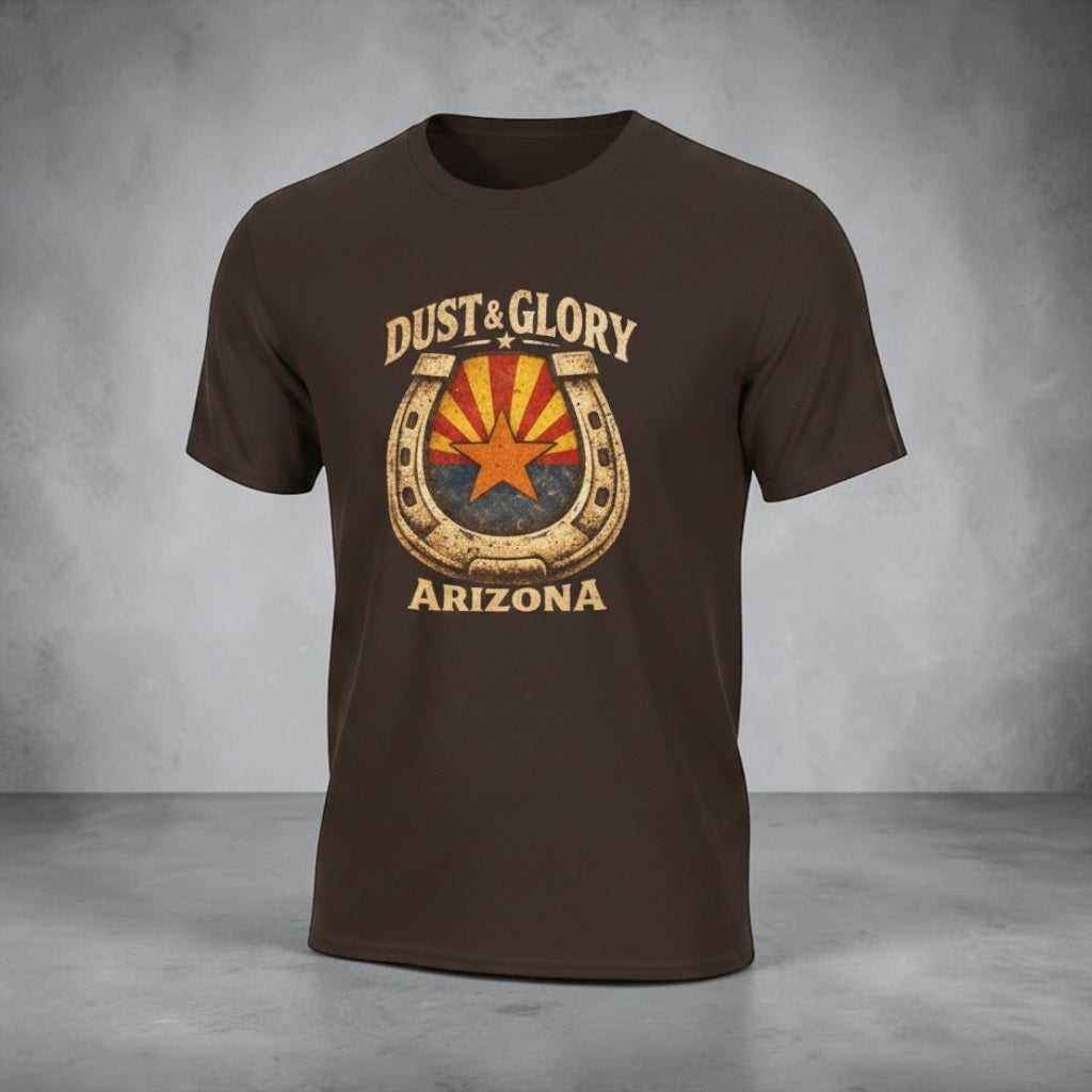 Big Sky Ranch Co. Arizona Dust & Glory Western T-Shirt featuring horseshoe and campfire design on casual cotton tee