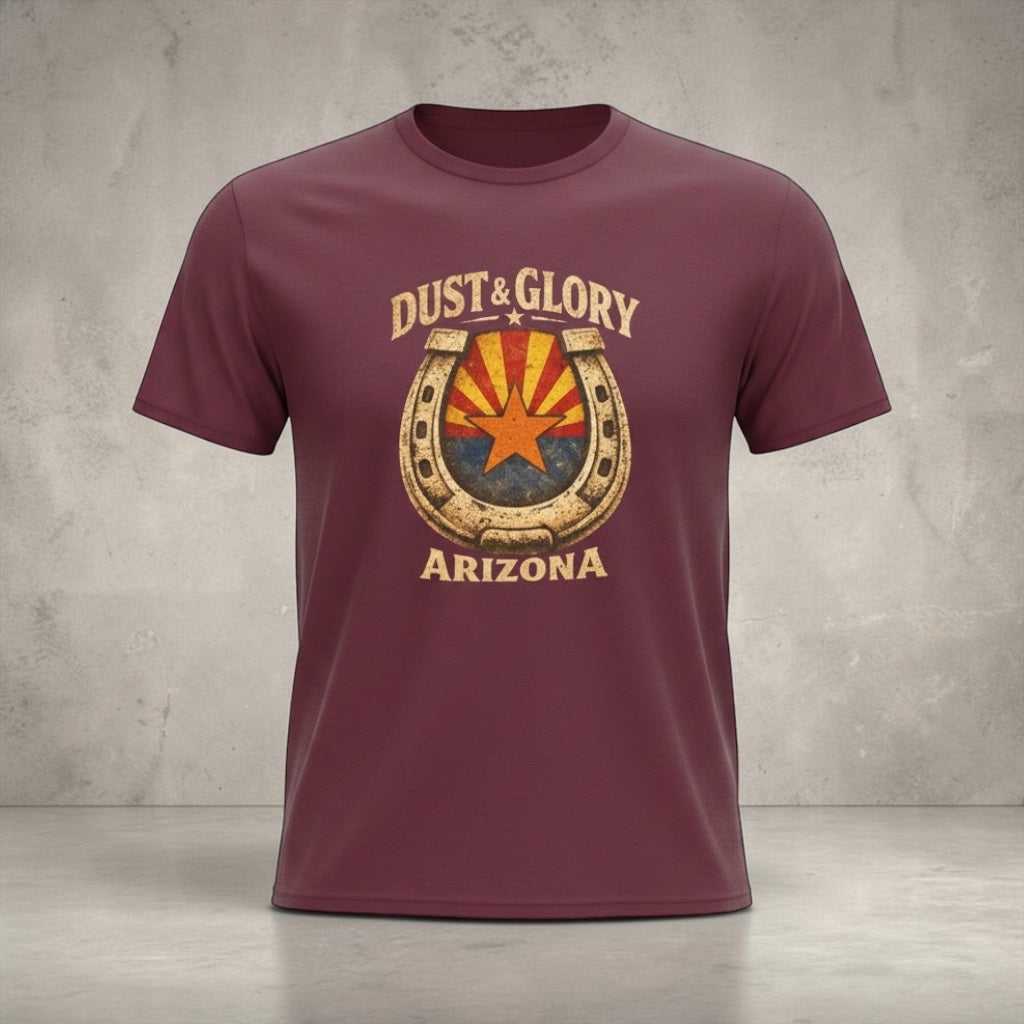 Arizona Dust & Glory T-Shirt by Big Sky Ranch Co. featuring a horseshoe and campfire Western design on soft cotton fabric.